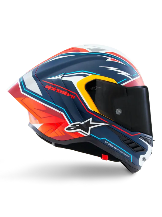 Casco de motocicleta Aerosport con un diseño geométrico audaz en azul marino, con acentos en naranja, blanco y amarillo.
