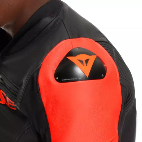 Chamarra de Piel Dainese Racing 5 Black/Black/Red Fluo
