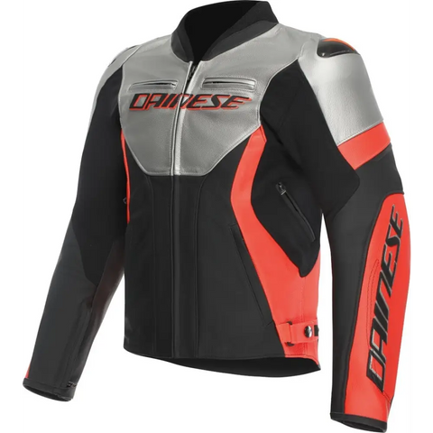 Chamarra de Piel Dainese Racing 5 Silver/Black/Red Fluo