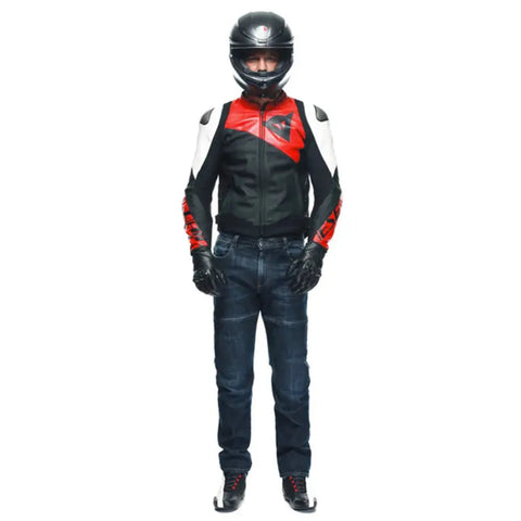 Chamarra de Piel Dainese Sportiva Black-Matt/Lava-Red/White