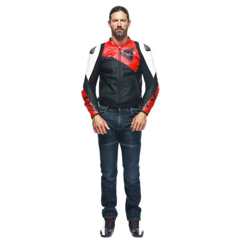 Chamarra de Piel Dainese Sportiva Black-Matt/Lava-Red/White