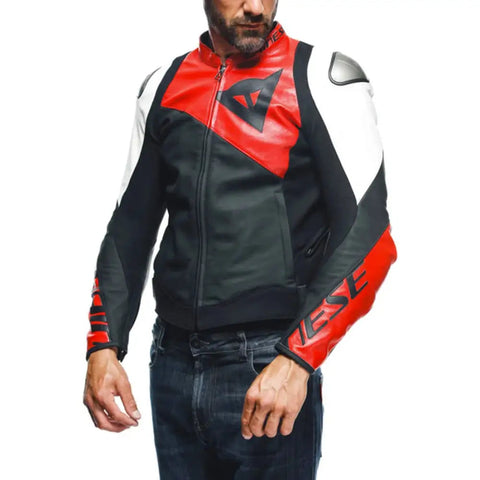 Chamarra de Piel Dainese Sportiva Black-Matt/Lava-Red/White