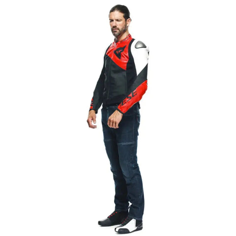 Chamarra de Piel Dainese Sportiva Black-Matt/Lava-Red/White