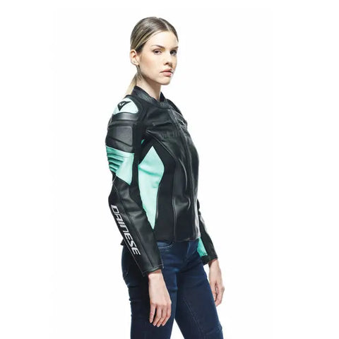 Chamarra de Piel para Mujer Dainese Racing 4 Black/Acqua-Green