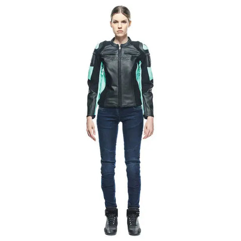 Chamarra de Piel para Mujer Dainese Racing 4 Black/Acqua-Green