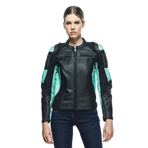 Chamarra de Piel para Mujer Dainese Racing 4 Black/Acqua-Green