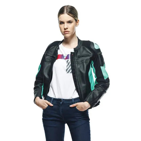 Chamarra de Piel para Mujer Dainese Racing 4 Black/Acqua-Green
