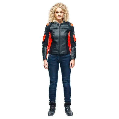 Chamarra de Piel para Mujer Dainese Racing 4 Black/Fluo-Red