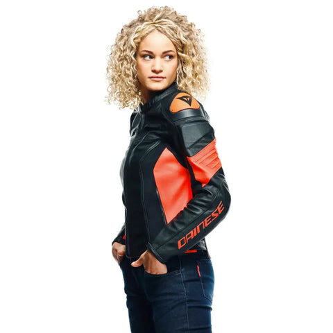 Chamarra de Piel para Mujer Dainese Racing 4 Black/Fluo-Red