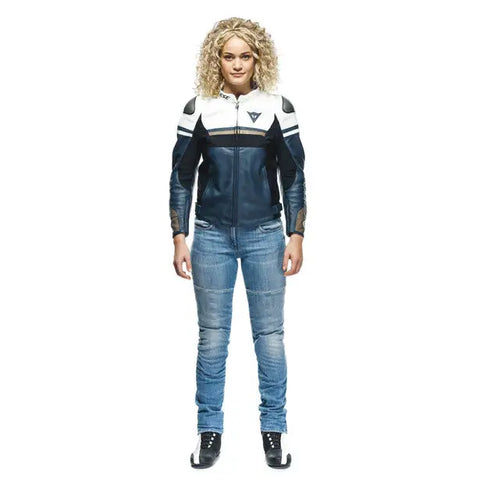 Chamarra de Piel para Mujer Dainese Rapida Black-Iris/White/Tibetan-Platinum