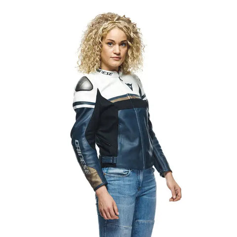 Chamarra de Piel para Mujer Dainese Rapida Black-Iris/White/Tibetan-Platinum