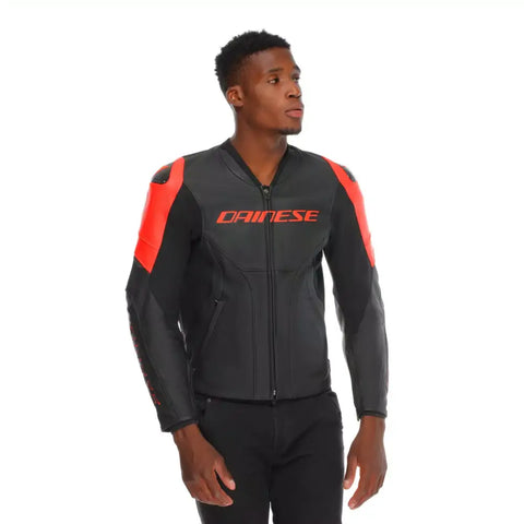 Chamarra de Piel Perforada Dainese Racing 5 Black/Black/Red Fluo