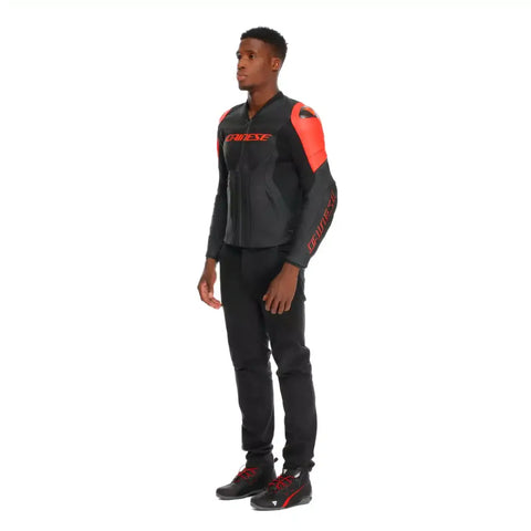 Chamarra de Piel Perforada Dainese Racing 5 Black/Black/Red Fluo