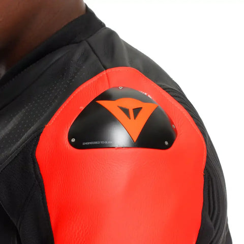 Chamarra de Piel Perforada Dainese Racing 5 Black/Black/Red Fluo