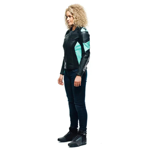 Chamarra de Piel Perforada para Mujer Dainese Racing 4 Estiva Black/Acqua-Green