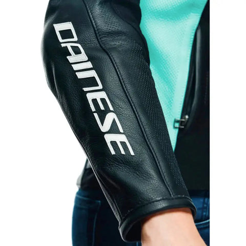 Chamarra de Piel Perforada para Mujer Dainese Racing 4 Estiva Black/Acqua-Green