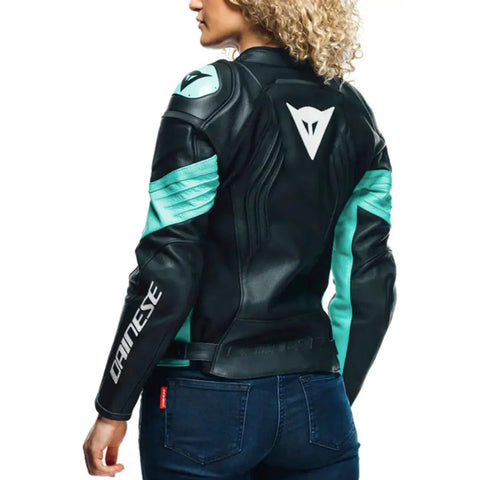 Chamarra de Piel Perforada para Mujer Dainese Racing 4 Estiva Black/Acqua-Green