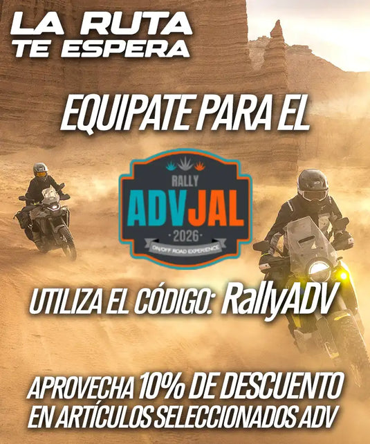 La imagen muestra un póster promocional para el evento «rally advjal 2026», que presenta a dos motociclistas recorriendo un terreno desértico con nubes de polvo y formaciones rocosas en el fondo.