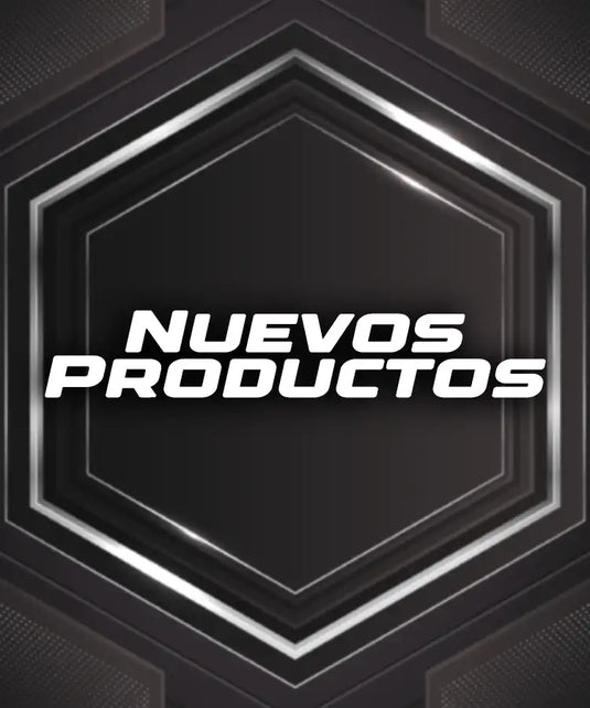 Marco hexagonal negro con acentos metálicos plateados y texto blanco audaz que dice 'nuevos productos'.