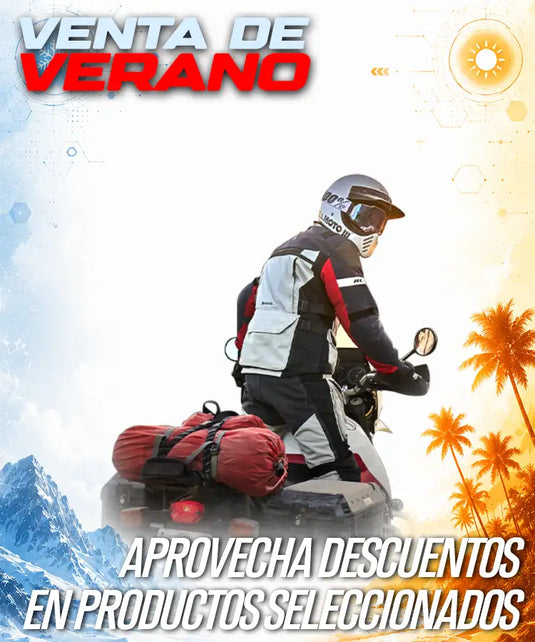 Motociclista que lleva un traje de protección para conducción negro, blanco y rojo con un casco plateado.