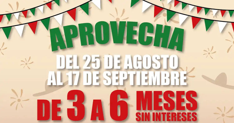 Banner promocional con guirnaldas de colores de la bandera mexicana.